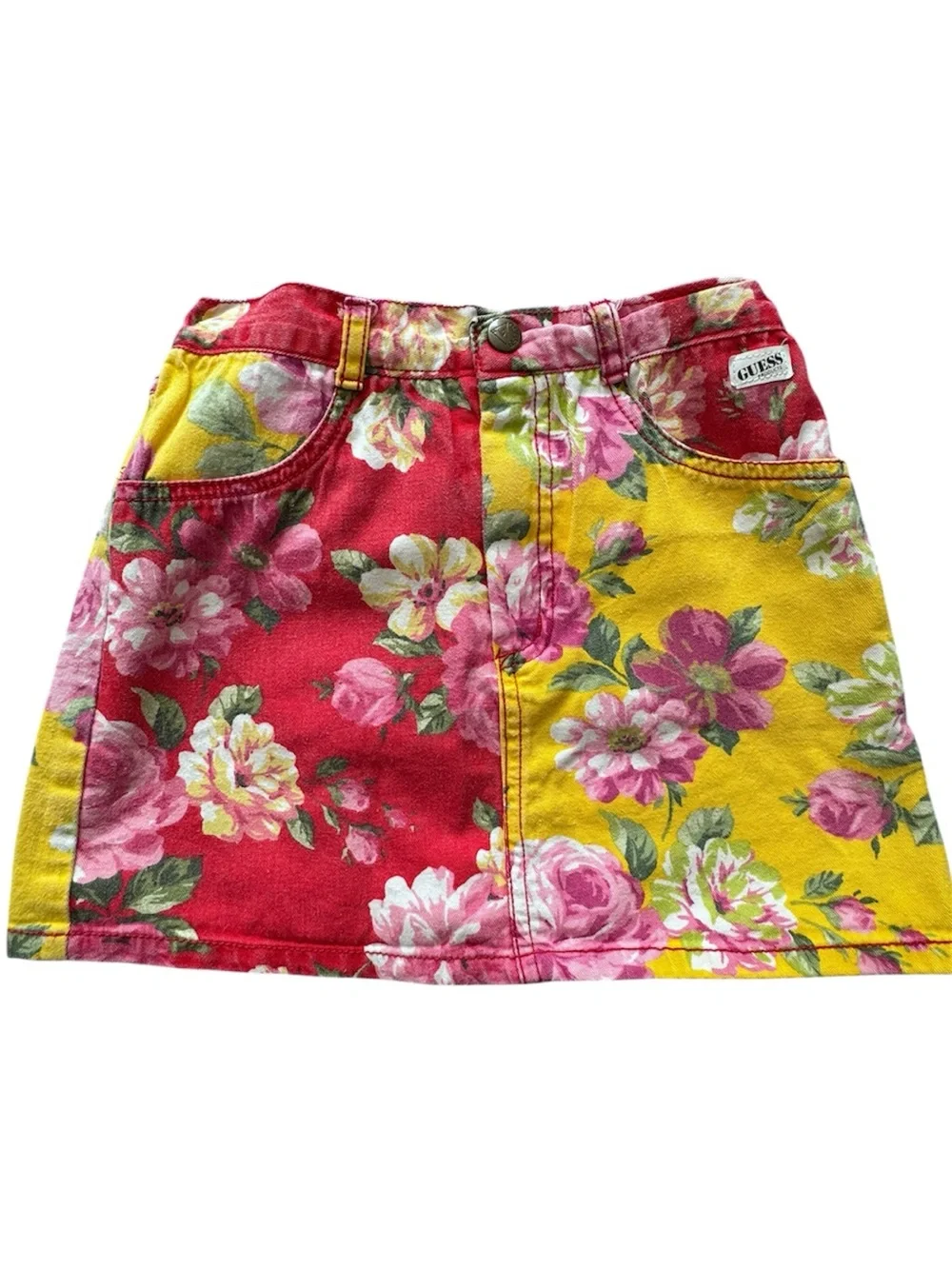 90’’s Guess Girls’ Floral Denim Two-Piece Set Shirt Skirt Red Yellow Size 6